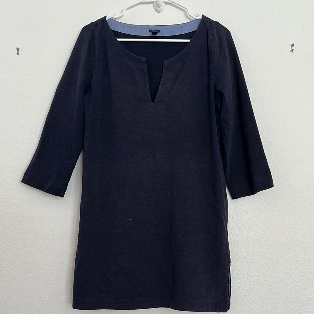 J. Crew Navy Blue Shift Dress Medium Long Sleeve V-Neck Cotton Casual